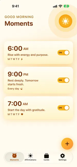 Sunvior Moments screen with three alarms, each showing its time, message, and repeat days.