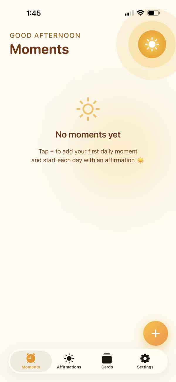 Sunvior Moments screen for creating daily affirmation moments