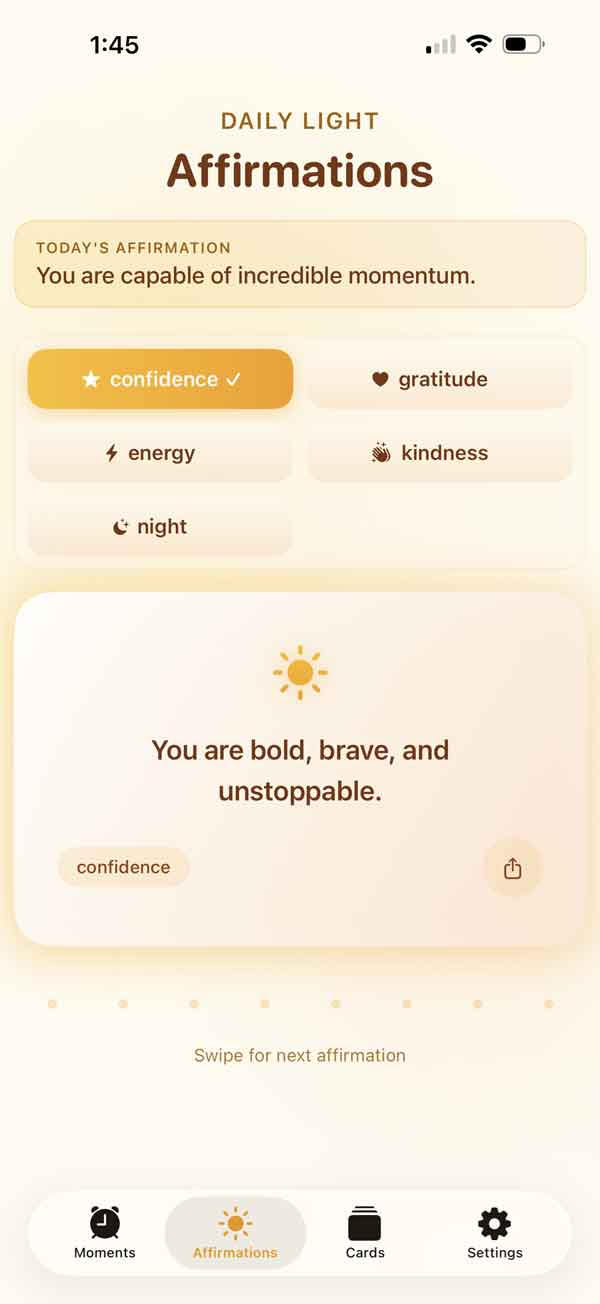 Sunvior Affirmations screen with daily light categories and a confidence affirmation