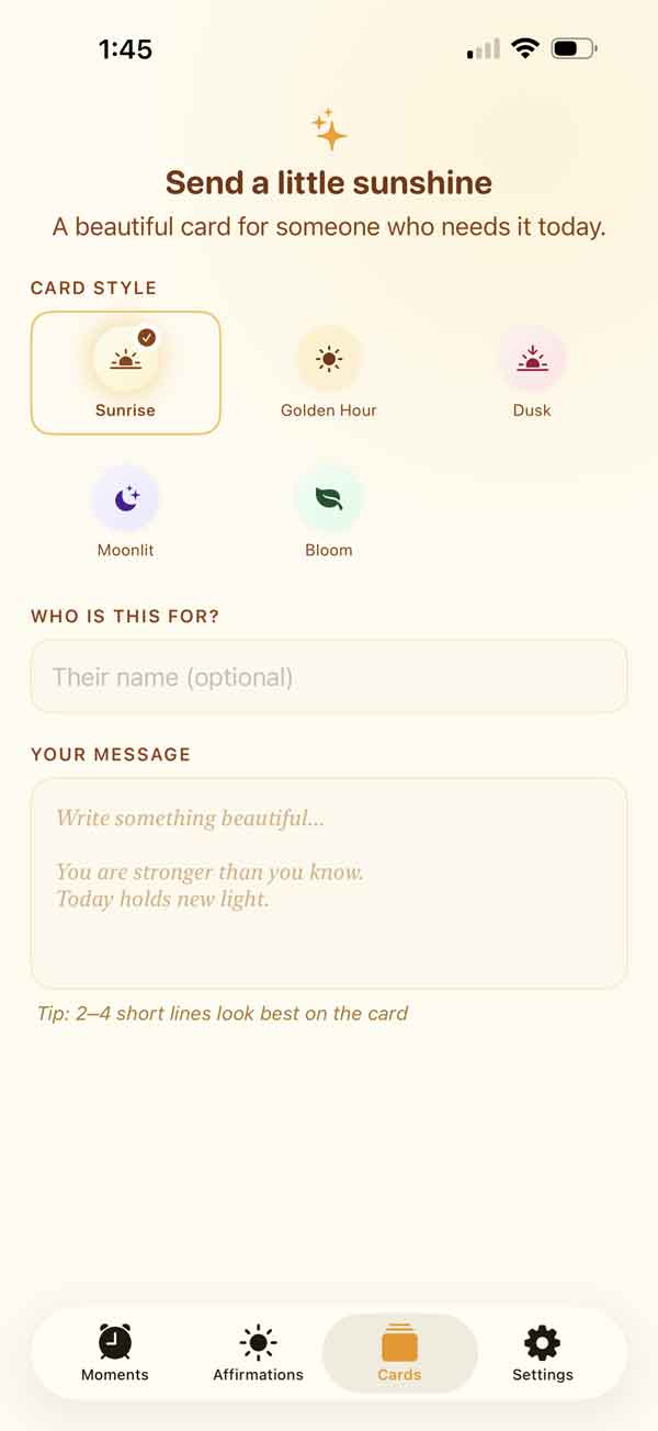 Sunvior Cards screen for sending a personalized sunshine card